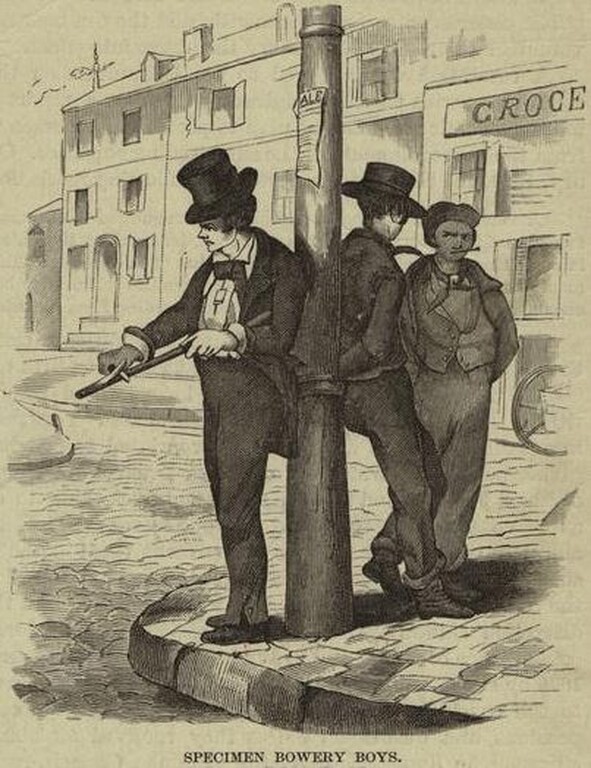 Σκίτσο που παρουσιάζει τους Bowery Boys τον 19ο αιώνα.