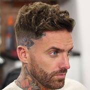 Curly Crew Cut with Side Swept Hair and Mid Fade
