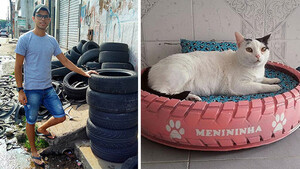 Ο 23χρονος που φτιάχνει κρεβατάκια για αδέσποτες γάτες από παλιά λάστιχα αυτοκινήτων